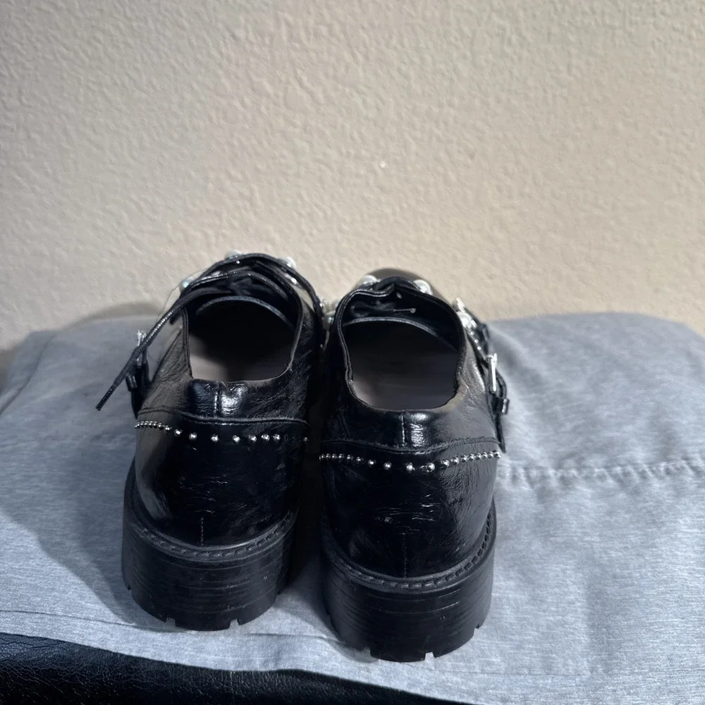 Zara Patent Leather Shoes Women Size 39, 8 Black Stud Pearl Oxford Lug Sole Prep - Picture 6 of 7